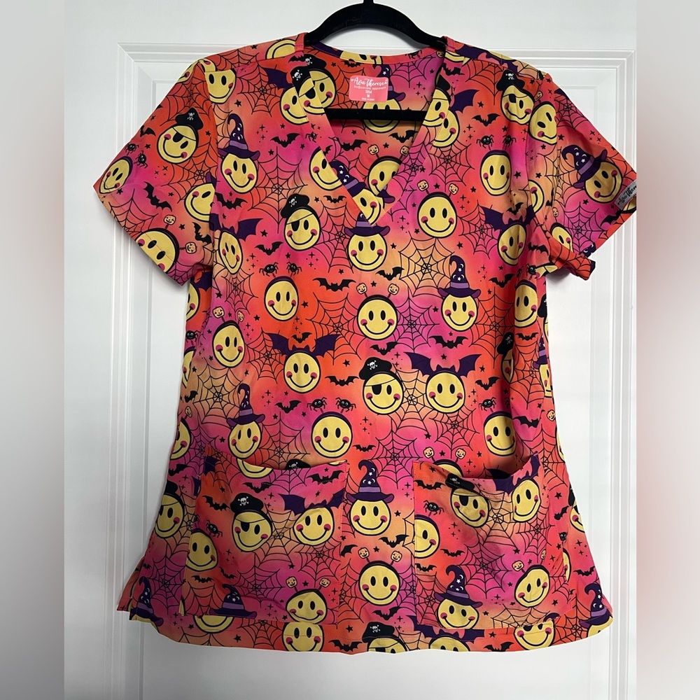 Ava Therese Smiley Face Scrub Top - Orange and Black